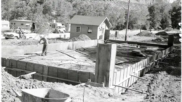 Foundation Repair work: Construction of new residences, Watchman Housing Area - placing forms for pouring concrete foundation, residence Building 35 (dccc3ad0df9941d2ae40494b5542d6f8)